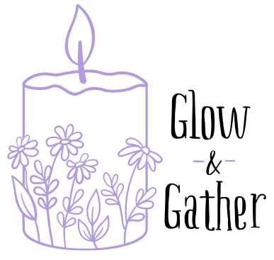 candle with letters, glow and gather.